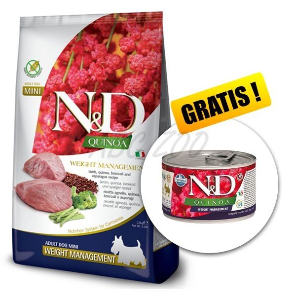 Farmina N&D dog QUINOA (GF) adult mini, weight managment, lamb 2,5 kg + konzerva GRÁTIS